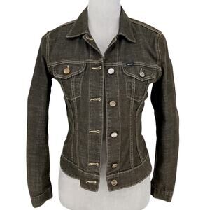 Gas Blue Jeans Jacket Womens Small Black Denim Button Up Pockets Stretch Cotton